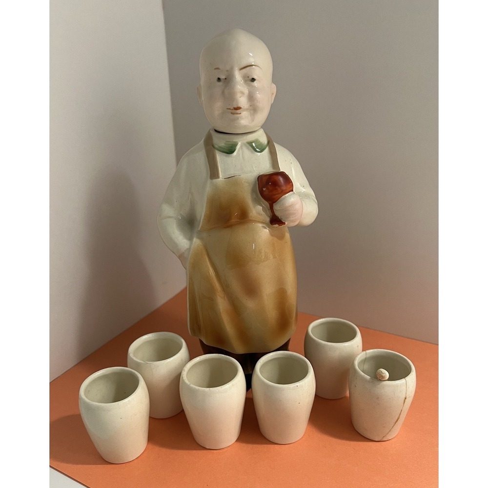 Whimsical German Porcelain Decanter Bald Man Drinking w/6 Cups 1 Spoon VTG